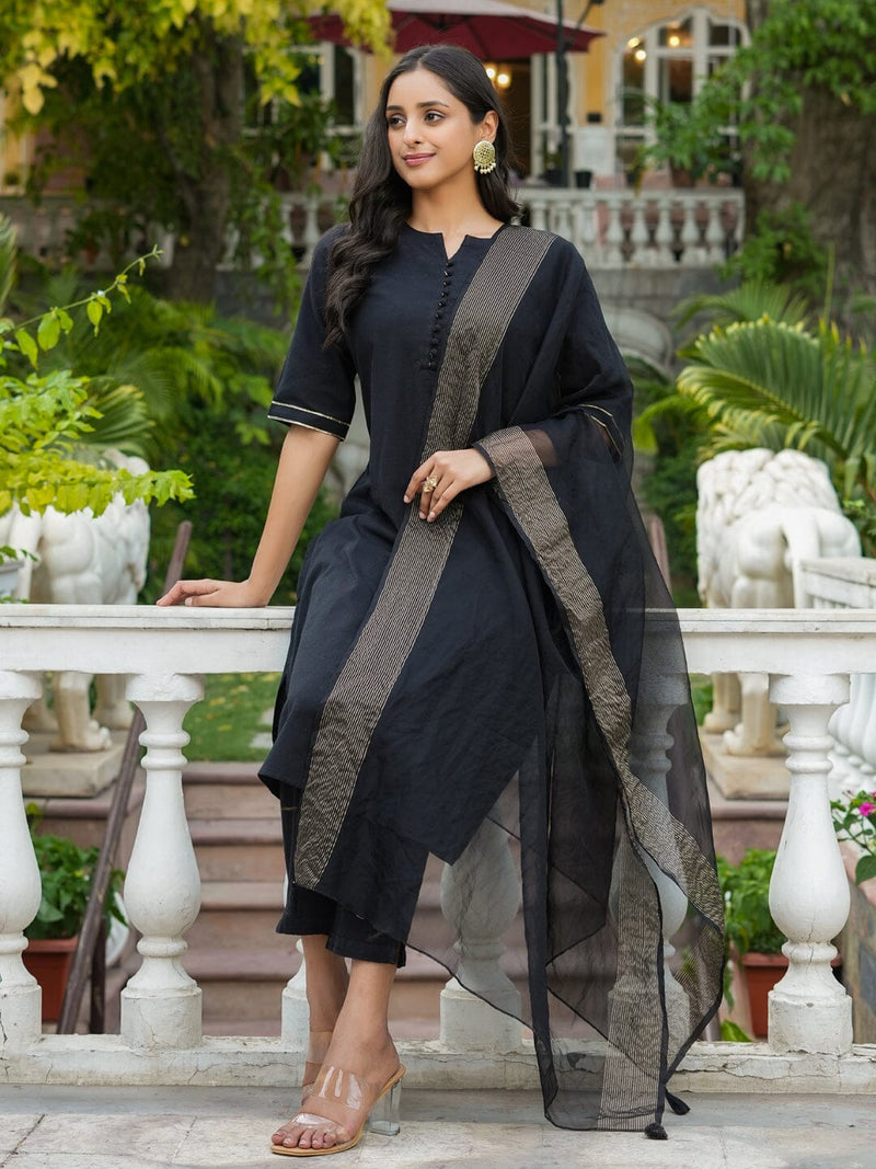 Buy anokherang Stunning Black Kurti with Straight Pant and Net Dupatta (Set  of 3) online